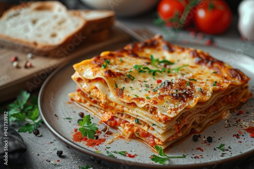 Slice of lasagna served on a plate