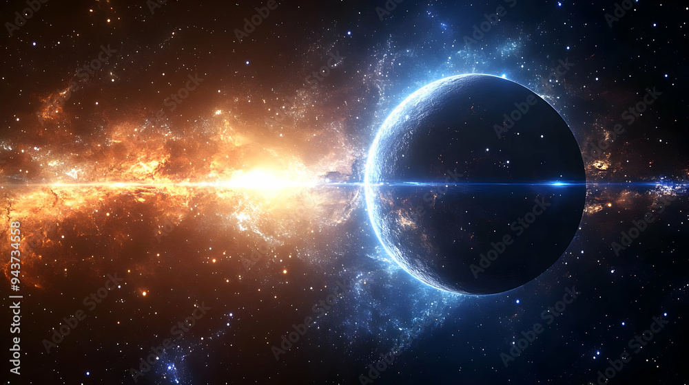 Fototapeta premium A single planet in a cosmic ocean with fiery and icy glows.