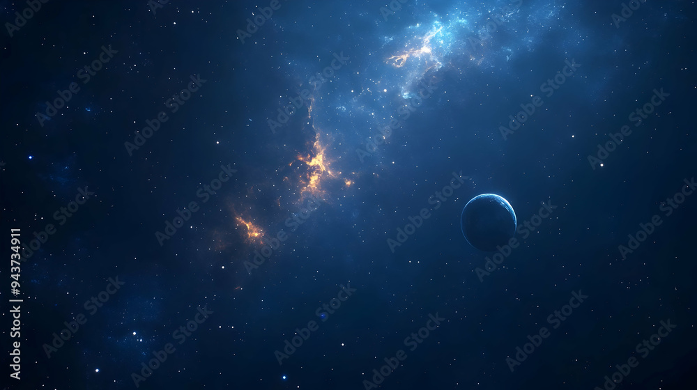 A single planet in a vast, starry expanse with swirling nebulae. A single planet in a vast, starry expanse with swirling nebulae.