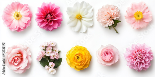 An exquisite collection of different beautiful flowers displayed on a white background, each bloom meticulously detailed, showcasing the vibrant colors and delicate beauty of nature’s finest floral cr
