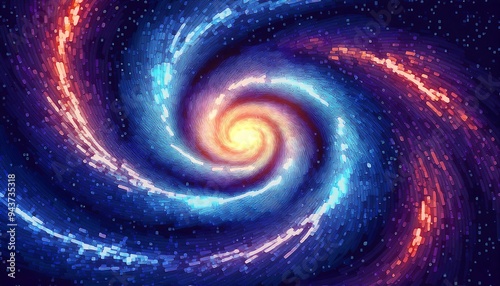 Pixelated Spiral Galaxy - A pixel art background depicting a spiral galaxy with swirling arms of stars. Game design poster. Graphic art 8 bit illustration card