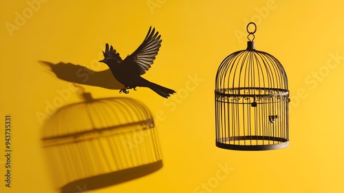 Open birdcage with the shadow of a flying bird symbolizing the concept of freedom growth and new opportunities Minimalist and serene natural composition with copy space