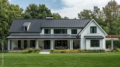 Modern Farmhouse with Black Roof and White Siding