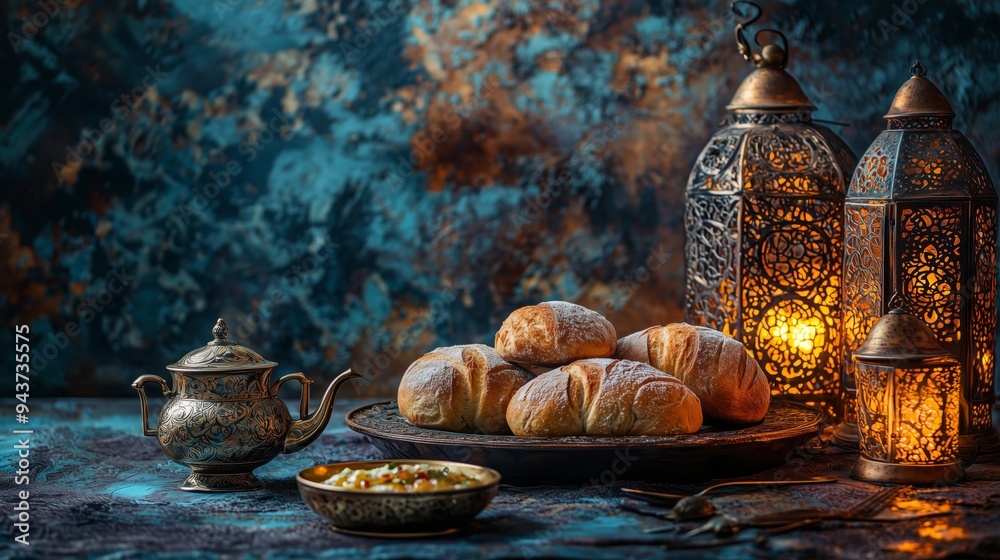A traditional Middle Eastern breakfast setup with croissants, a teapot, and ornate lanterns, creating a cozy, warm ambiance. A traditional Middle Eastern breakfast setup with croissants, a teapot, and ornate lanterns, creating a cozy, warm ambiance.