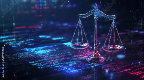 The digital scales of justice against the backdrop of data and code symbolize the rule of law in the virtual world photo