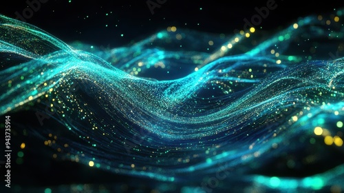 Abstract Blue and Gold Glittering Waves on Black Background - Digital Art.