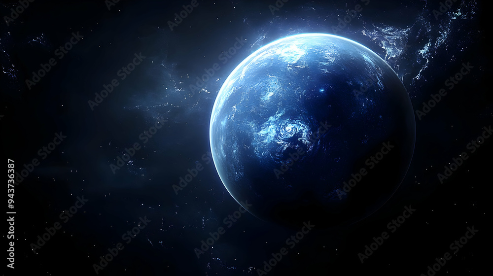 Fototapeta premium A single, luminous blue planet shines against a dark, starry background.