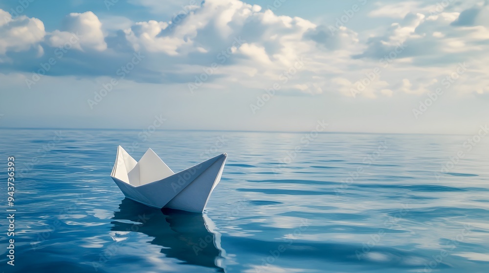 A paper boat gently floating on a vast calm ocean symbolizing the innocence and free spiritedness of in a boundless world Copy space available for conceptual or messaging A paper boat gently floating on a vast calm ocean symbolizing the innocence and free spiritedness of in a boundless world Copy space available for conceptual or messaging