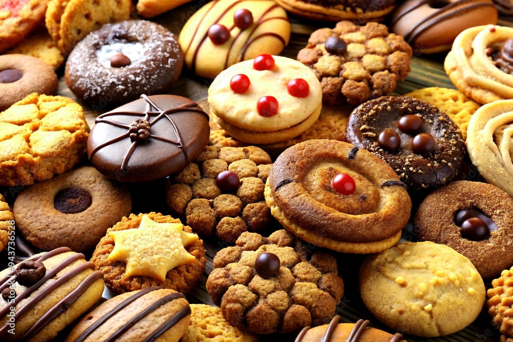 Chocolate biscuits and two cups of cappuccino Selection of sweet foods Chocolate biscuits and two cups of cappuccino Selection of sweet foods