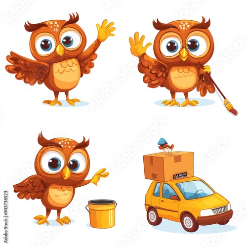 A cartoon owl in various poses, engaging in activities like waving, painting, and driving. photo