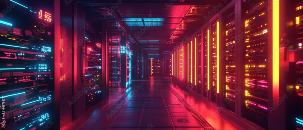 Futuristic Server Room with Neon Lights - Cyber Security and Data Center Concept. Futuristic Server Room with Neon Lights - Cyber Security and Data Center Concept.