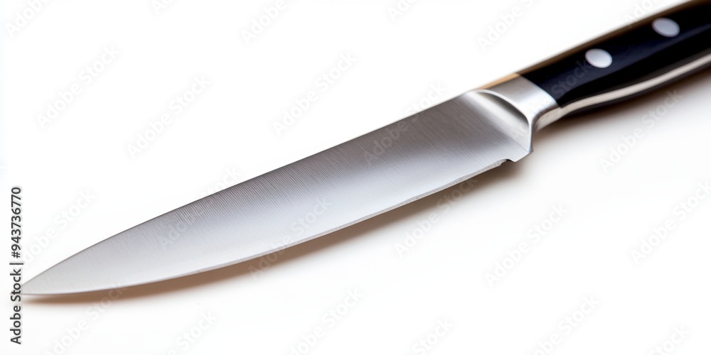 Fototapeta premium Precision Chef's Knife: Essential Culinary Tool for Professional and Home Kitchens. Sleek Stainless Steel Blade Isolated on White Background. Perfect for Cooking Advertisements, Kitchenware Marketing,