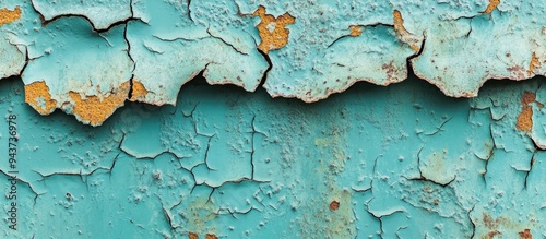 Close up detail of peeling paint on a rusted metal wall Textured old metal with cracks in the paint Turquoise hue Corroded surface Copyspace for your text