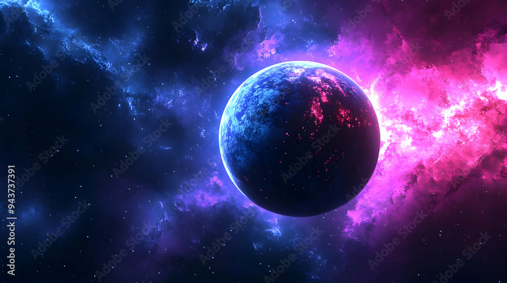 A solitary planet with a blue and pink nebula in the background. A solitary planet with a blue and pink nebula in the background.