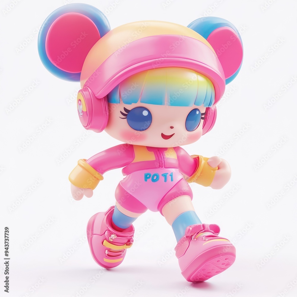 A cute, colorful character with headphones and a playful outfit, designed for fun and creativity. A cute, colorful character with headphones and a playful outfit, designed for fun and creativity.