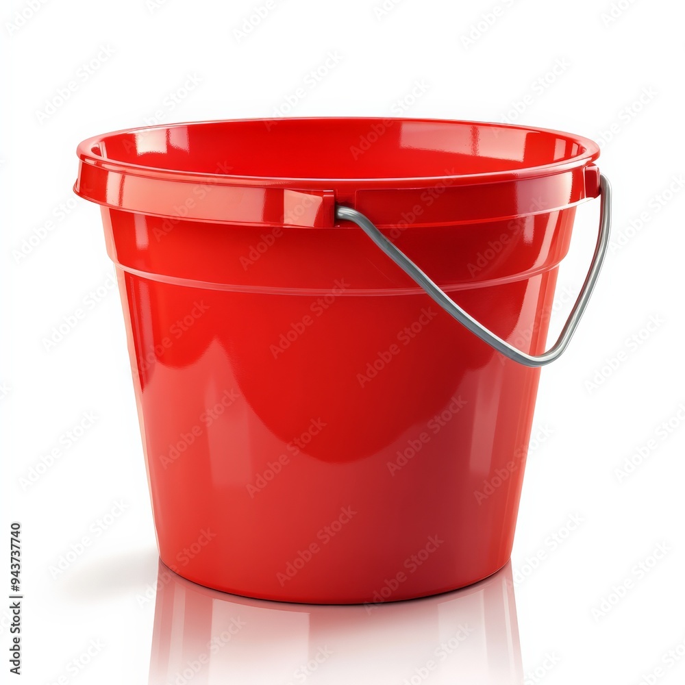 Red Plastic Bucket with Metal Handle.