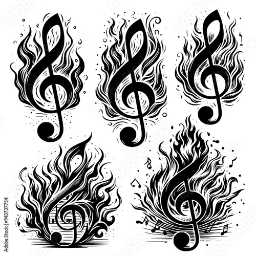 Trebel clef in flames design, Trebel clef in flames logo, black and white treble clef logo collection. Set of treble clef in flames vector art. Hot music logo.