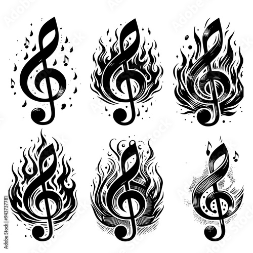 Trebel clef in flames design, Trebel clef in flames logo, black and white treble clef logo collection. Set of treble clef in flames vector art. Hot music logo.