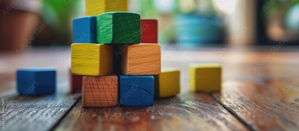 Toy a wooden cube house set against a light background. with copy space image. Place for adding text or design Toy a wooden cube house set against a light background. with copy space image. Place for adding text or design