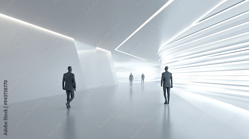 People walking through a minimalist, futuristic hallway with bright, flowing light in an innovative architectural space People walking through a minimalist, futuristic hallway with bright, flowing light in an innovative architectural space