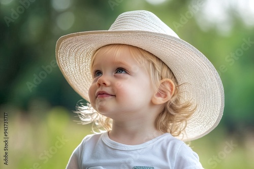 Child in a sun hat enjoying nature.