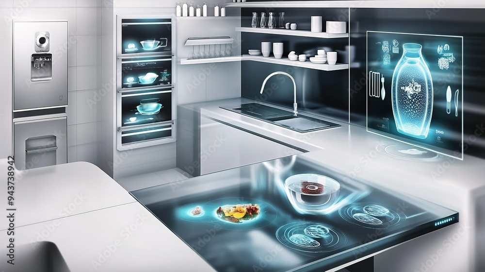 Futuristic kitchen design showcasing advanced technology and interactive surfaces for cooking and meal preparation Futuristic kitchen design showcasing advanced technology and interactive surfaces for cooking and meal preparation