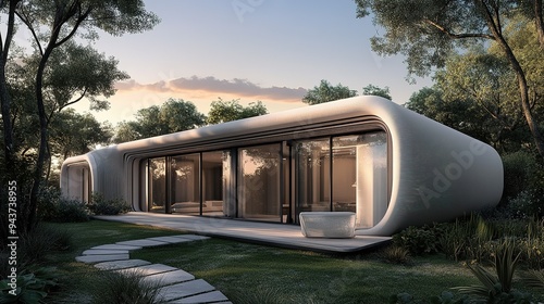 Modern eco-friendly home surrounded by greenery at sunset, showcasing innovative design and sustainable architecture