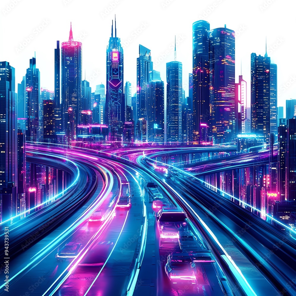 Fototapeta premium A futuristic city road with neon lights and sleek architecture, cyberpunk style, vibrant and colorful, isolated on white background
