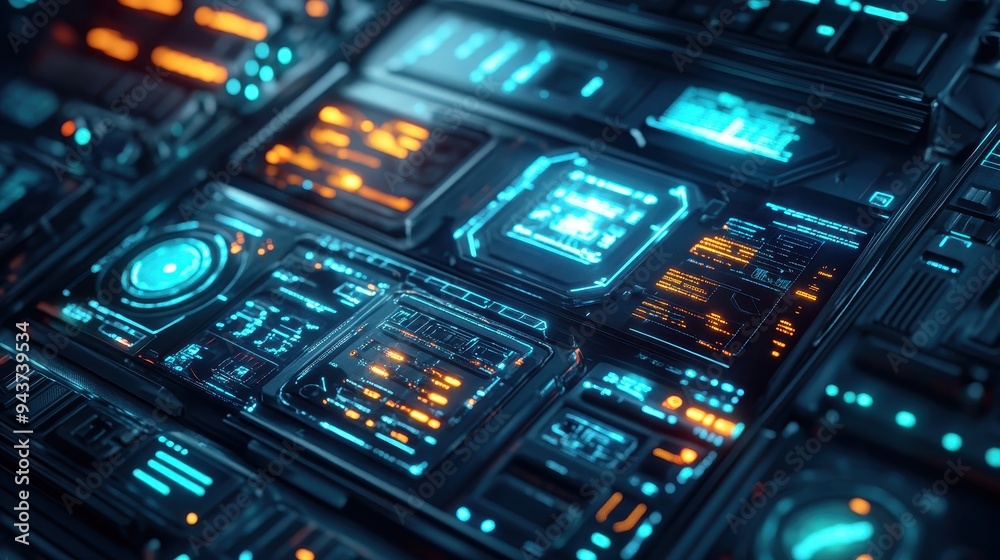 Futuristic Technology Interface with Glowing Blue and Orange Lights. Futuristic Technology Interface with Glowing Blue and Orange Lights.