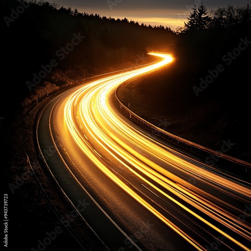 A highway at night with headlights streaking by, dynamic and fastpaced, modern photography style, isolated on white background photo