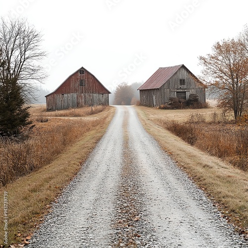 A gravel road through a rural countryside, with fields and barns, rustic and nostalgic, isolated on white background