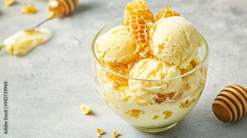 Vanilla ice cream with honey topping and fresh mint. photo