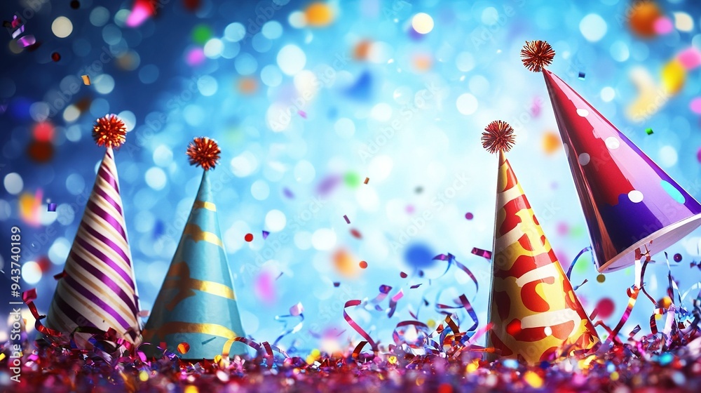 Colorful party hats and confetti scattered on a festive background celebrating a joyful occasion Colorful party hats and confetti scattered on a festive background celebrating a joyful occasion