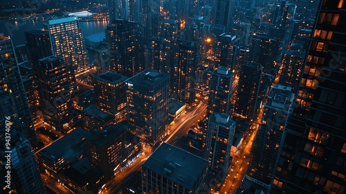 A city lit up at night, photographed from a tall building, with bright urban lights creating a dynamic atmosphere