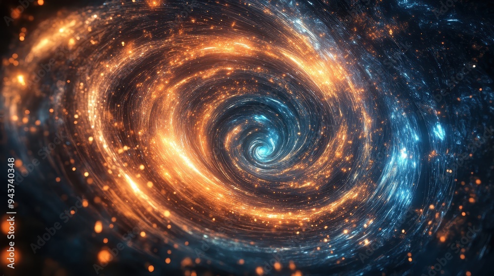 Abstract Swirling Galaxy with Orange and Blue Lights - Cosmic Background.