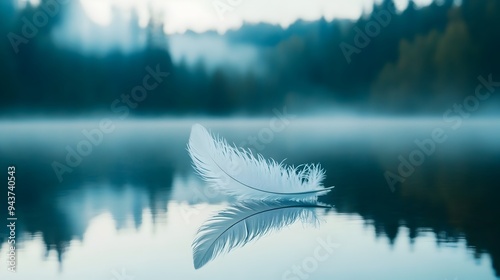 A feather gently floating on the still mirror like surface of a peaceful lake creating a serene and contemplative scene that symbolizes tranquility solace and the beauty of nature s simplicity photo