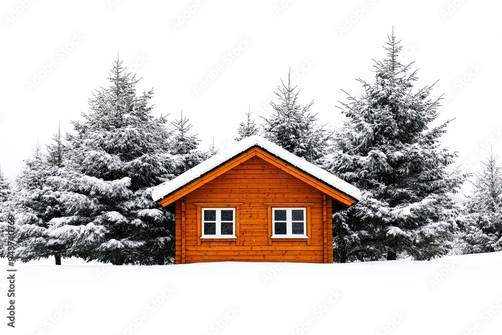 Cozy wooden cabin surrounded by snowy trees. Cozy wooden cabin surrounded by snowy trees.