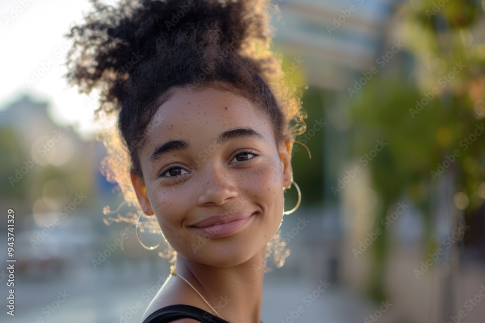 Happy mixed race girl smiling in urban outdoor portrait. Happy mixed race girl smiling in urban outdoor portrait.