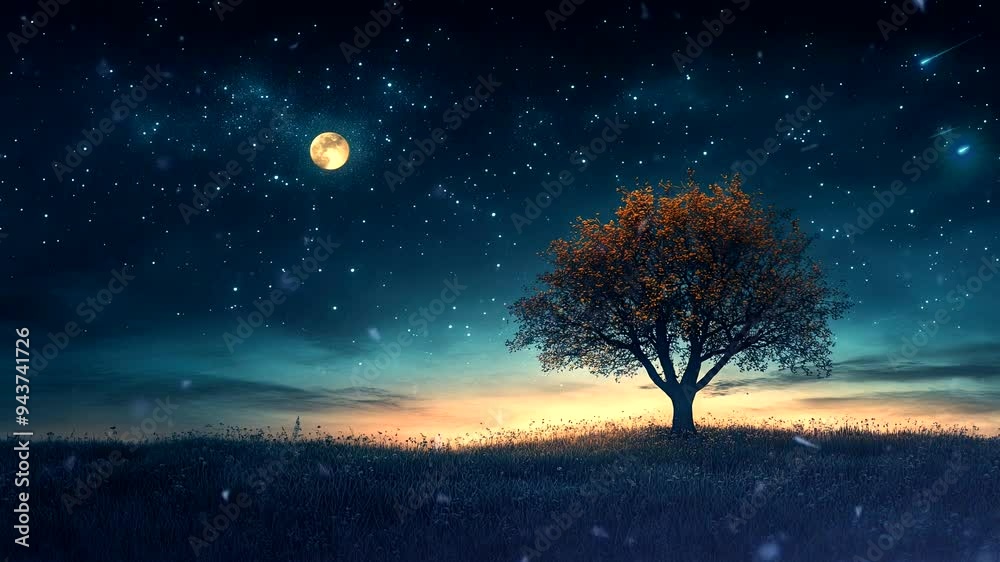 Lonely tree under a glowing full moon in a serene night sky with vibrant stars. Tranquil nature animation scene.