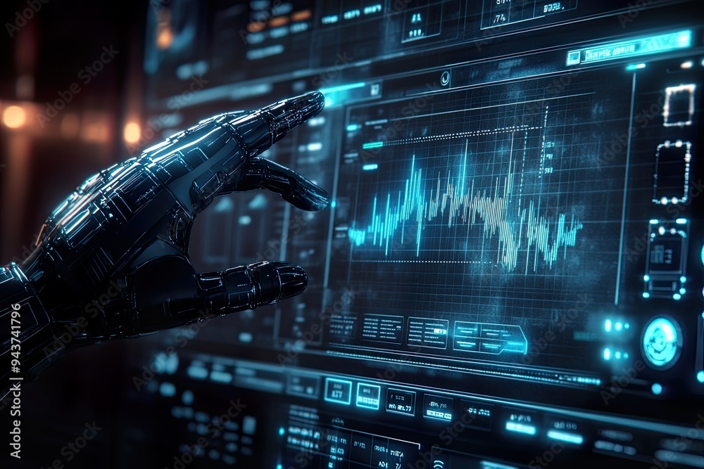 Futuristic interface with robotic hand interacting. Futuristic interface with robotic hand interacting.
