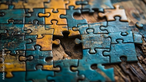 Incomplete jigsaw puzzle with one piece missing representing an unfinished concept idea or problem that requires a solution The missing piece symbolizes potential opportunity