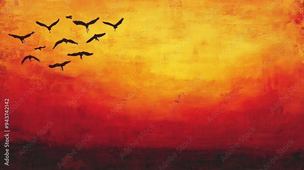 Abstract Red and Yellow Sunset with Silhouettes of Birds Flying Abstract Red and Yellow Sunset with Silhouettes of Birds Flying