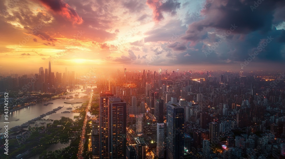 Fototapeta premium A dynamic time-lapse of a city as it shifts from day to night, illustrating the pulse of urban growth.