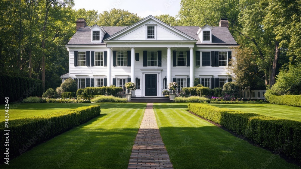Elegant White Mansion with Green Lawn Elegant White Mansion with Green Lawn