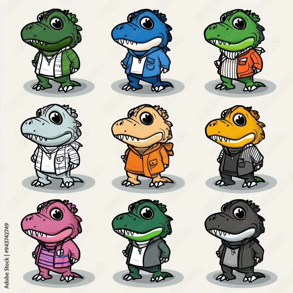 Fototapeta premium A grid of cartoon dinosaur characters in various colors and outfits.