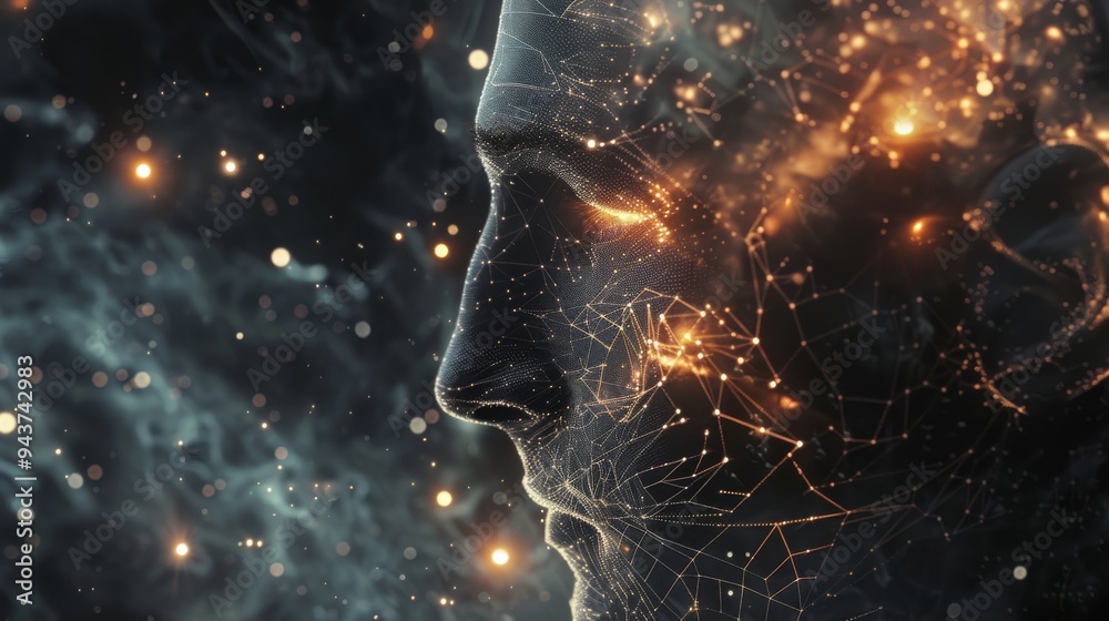 Futuristic human head with an intricate light network inside the brain, surrounded by a dark, digital-themed environment Futuristic human head with an intricate light network inside the brain, surrounded by a dark, digital-themed environment