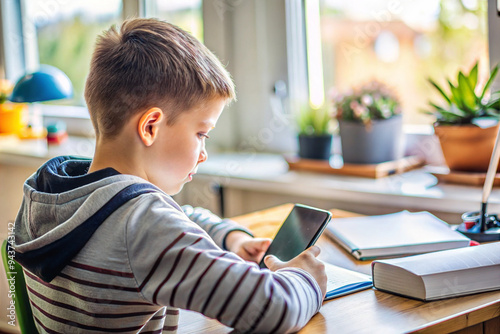 Distance learning online education at home. A 13s caucasian schoolboy studies at home. Child sitting at the table with smartphone, does remote homework. photo