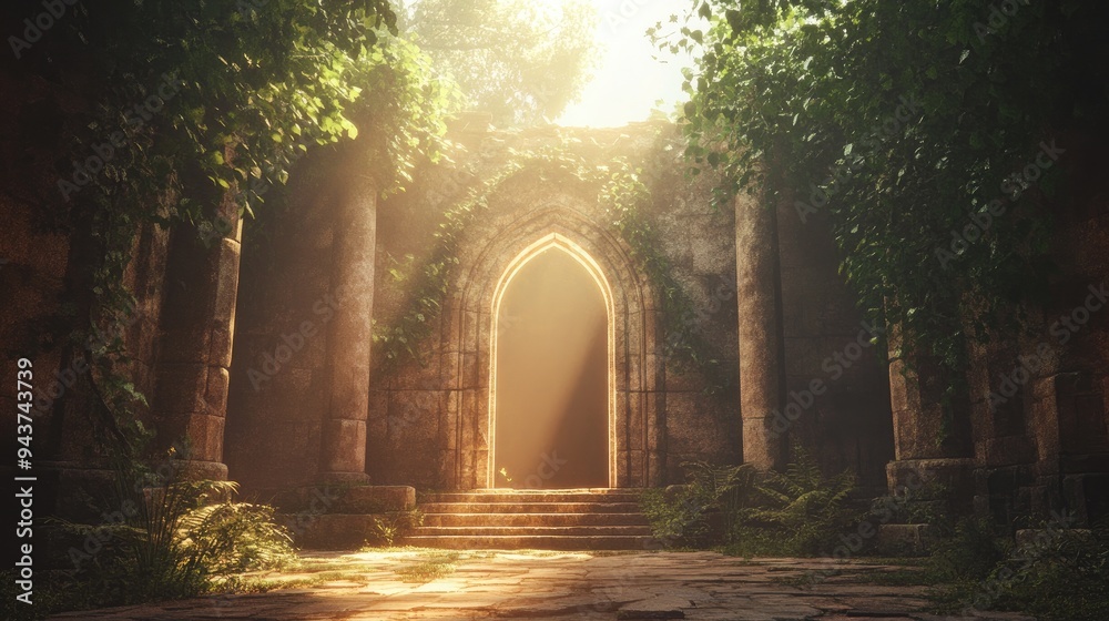 Fototapeta premium A mystical time travel portal opening in the heart of an ancient fantasy city, blending history and fantasy