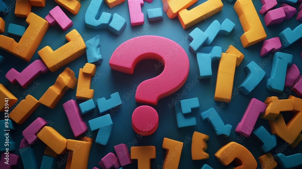 A colorful pile of blocks with a pink question mark in the middle