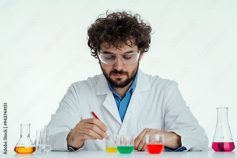 Scientist conducting experiments with colorful liquids. Scientist conducting experiments with colorful liquids.